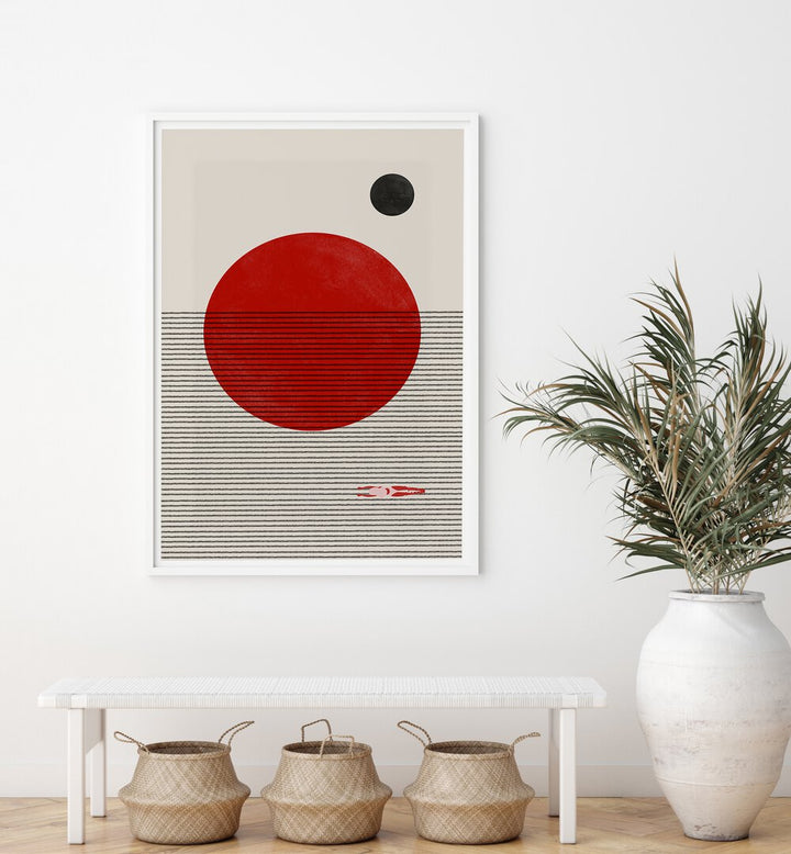 Bright red circle and black dot create a striking design in SWIMMING TO YOU, GEOMETRIC ART PRINTS by The Miuus Studio.