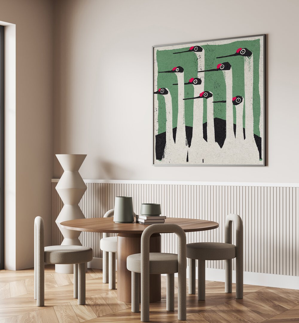 Stylish interior featuring WILD SPECTATORS, ANIMAL PAINTINGS, showcasing vibrant wildlife art in a modern setting.