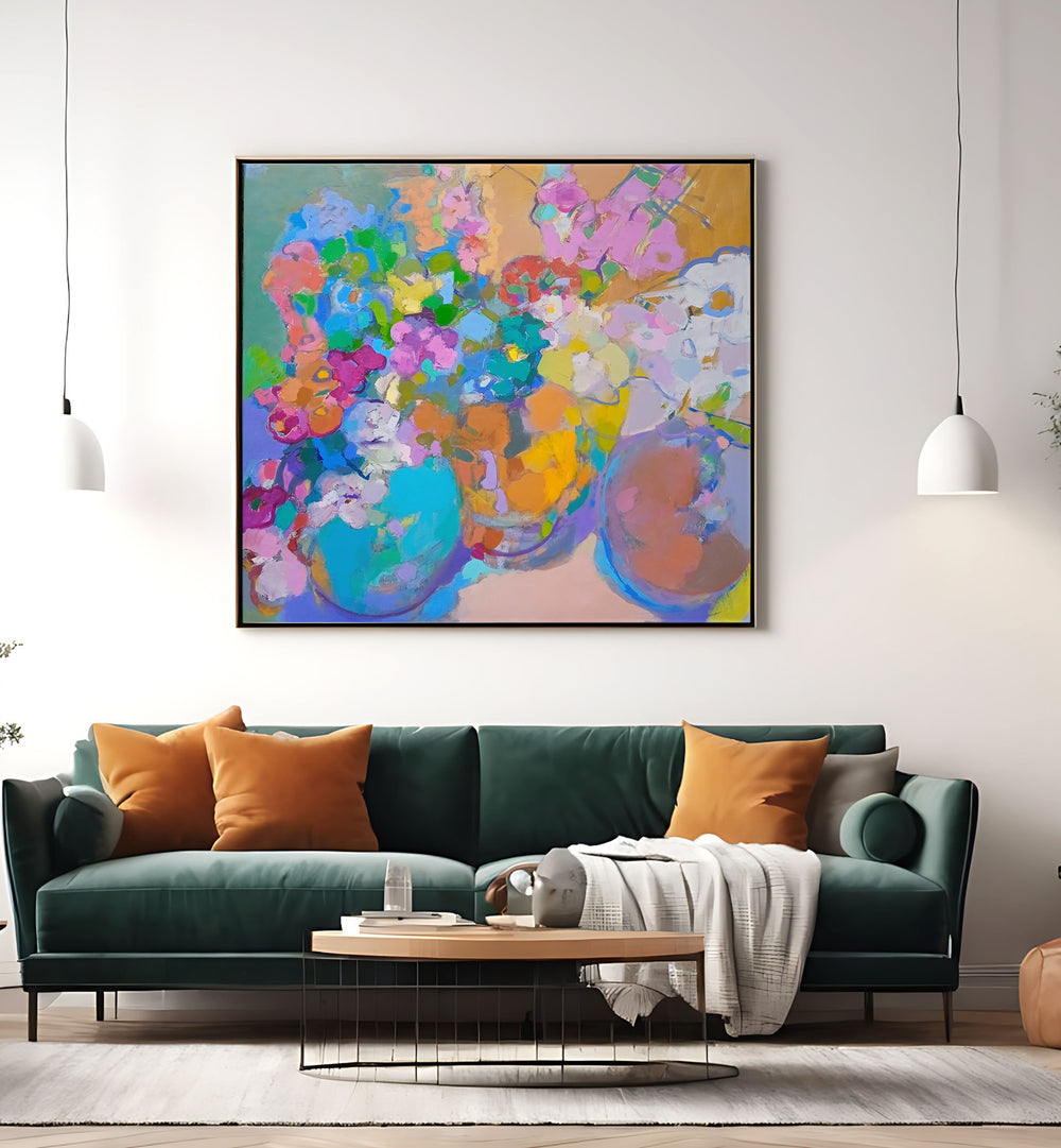 Vibrant SUNSHINE, ABSTRACT PAINTINGS brighten home decor with colorful floral designs, adding style and cheer.