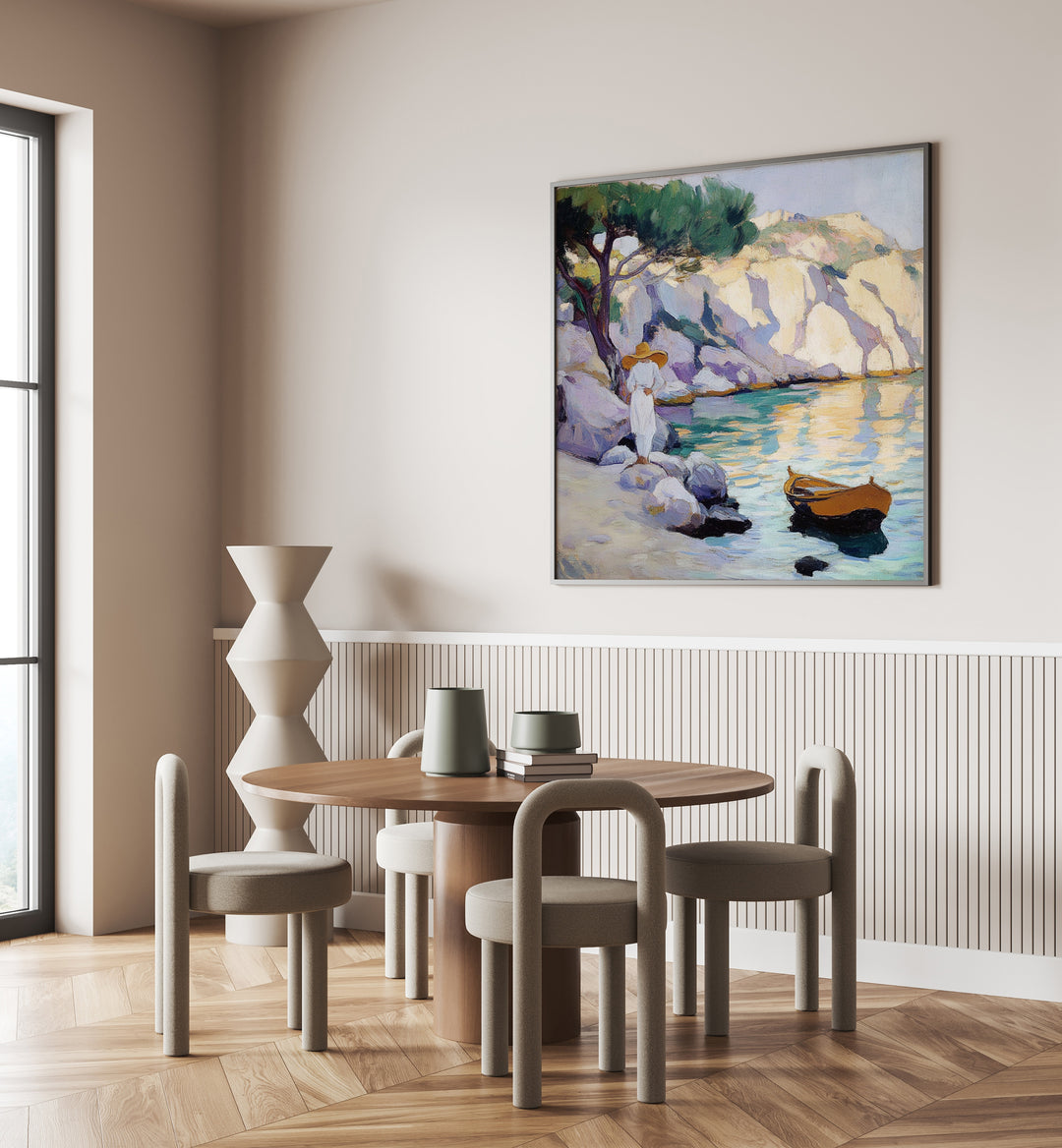 Elegant artwork featuring a WOMAN BY THE SEA, capturing serenity and freedom, perfect for home decor.
