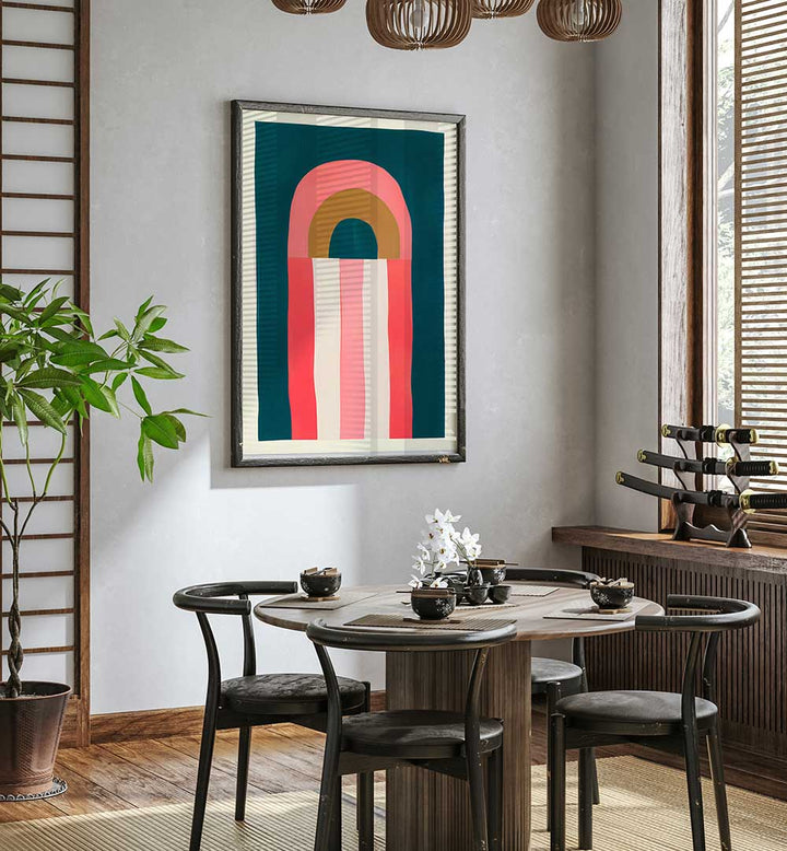 GOLDEN HOUR , GEOMETRIC ART PRINTS featuring bold shapes in warm tones displayed in a stylish modern dining room setting
