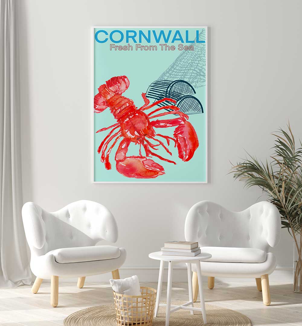 Vibrant Cornwall Sea Poster featuring a lobster, perfect for beach lovers and coastal decor enthusiasts.