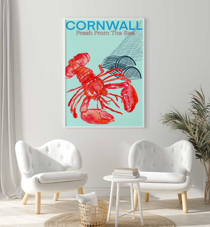 Vibrant Cornwall Sea Poster featuring a lobster, perfect for beach lovers and coastal decor enthusiasts.