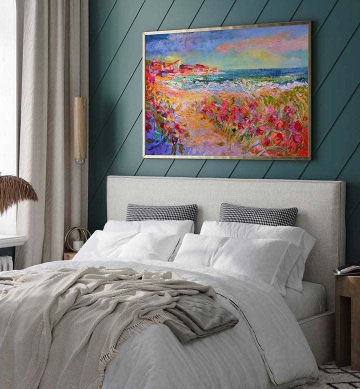 Colorful coastal painting above bed in modern bedroom, NATURE’S VIVID BEAUTY , LANDSCAPE PAINTINGS