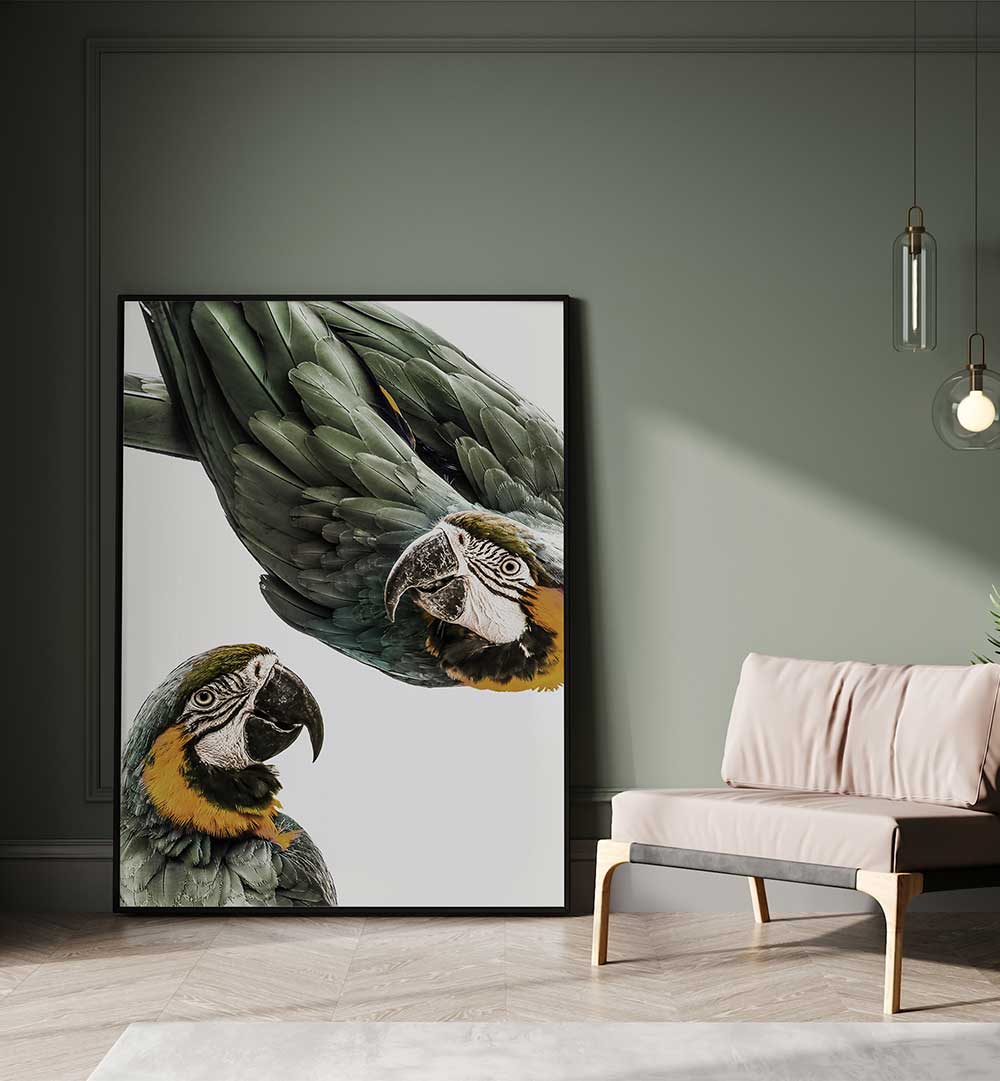VIBRANT PARROT DUO , ANIMAL PAINTINGS wall art showing two green-and-yellow macaws in a modern living room