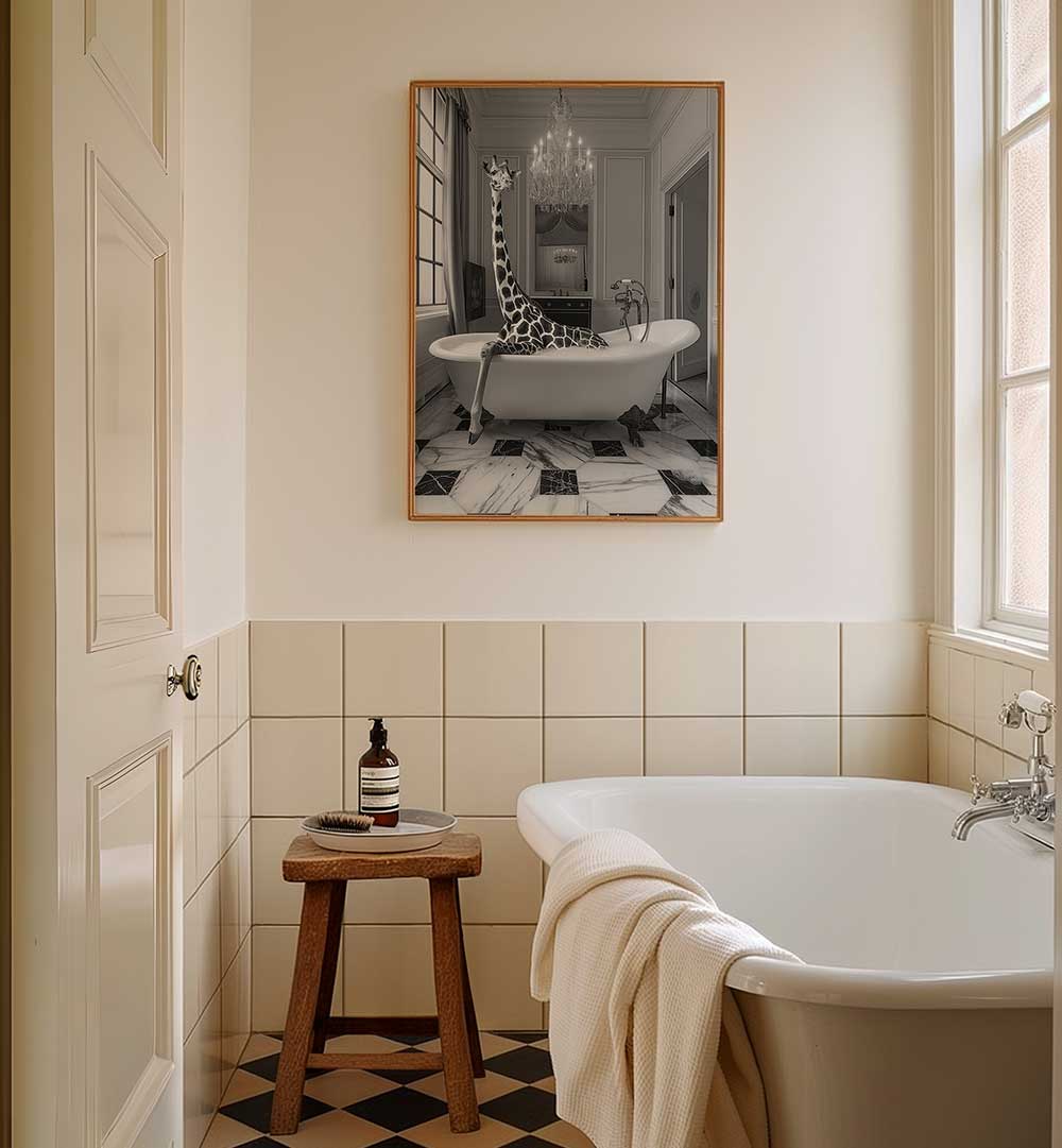 GIRAFFE GLAM SOAK , BATHROOM ART PRINTS