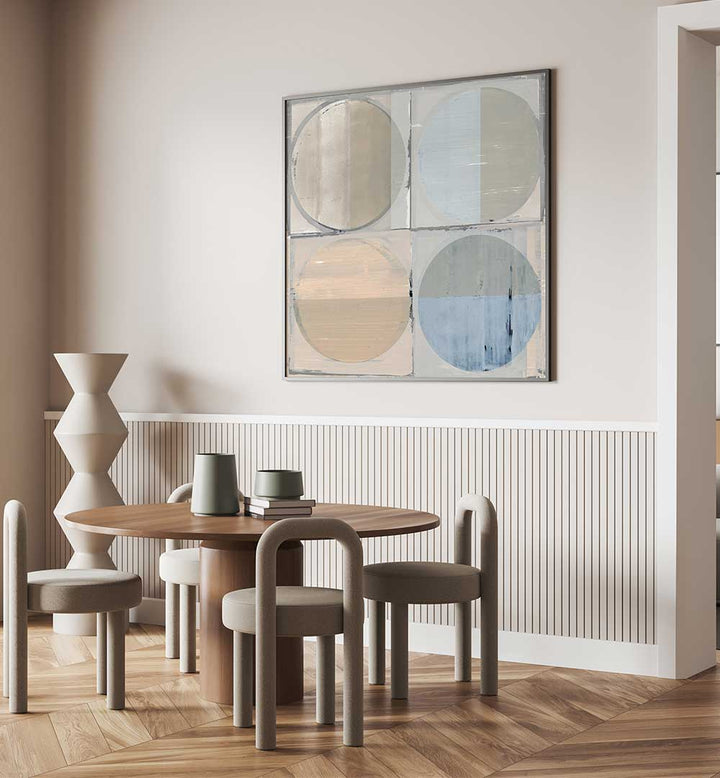 Brightly decorated room featuring FOUR CIRCLES AND SQUARES I, GEOMETRIC ART PRINTS, perfect for modern minimalist decor.