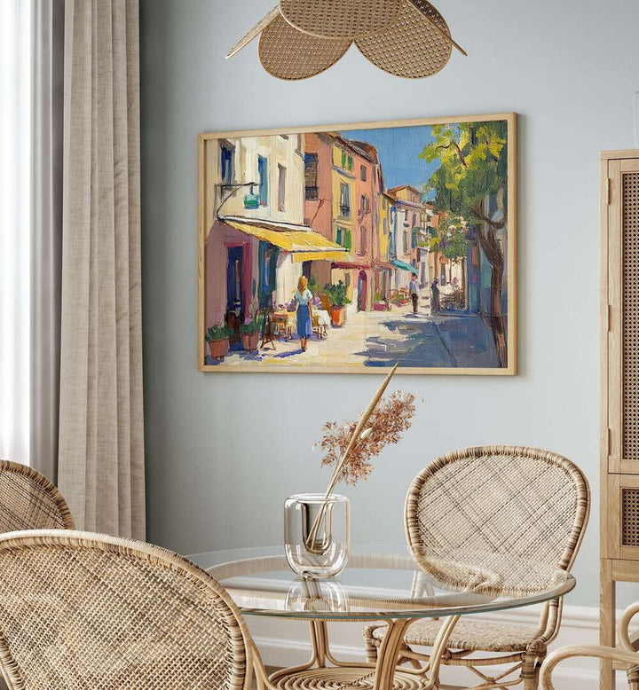 Vibrant STREET IN MALLORCA artwork enhancing a stylish dining area with Mediterranean charm and urban essence.