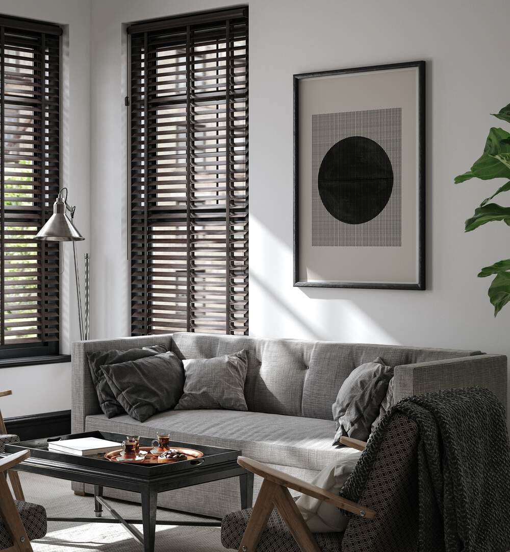 Stylish living room featuring BAB VIII, GEOMETRIC ART PRINTS from The Miuus Studio, enhancing modern decor effortlessly.