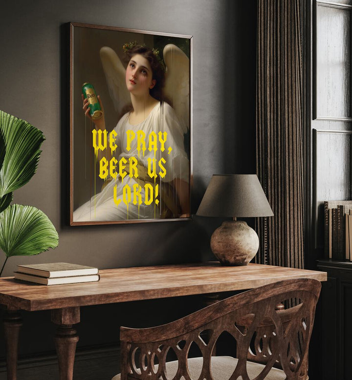 "We Pray Beer Us Lord, altered art prints by Dikhotomy, blend humor and spirituality in a unique decor piece."