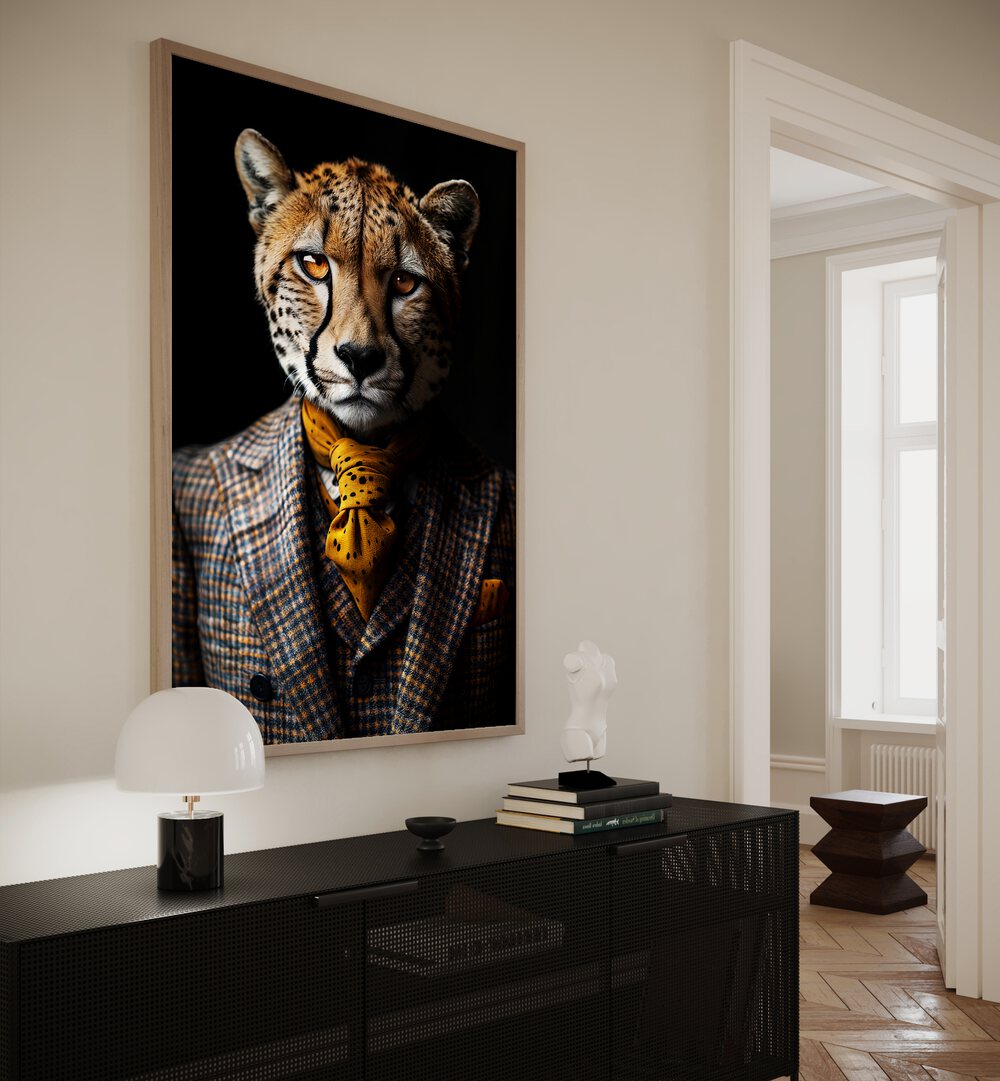 WILD SUITS - CHEETAH, ANIMAL PAINTINGS features a stylish cheetah in a suit, showcasing wild elegance for any space.