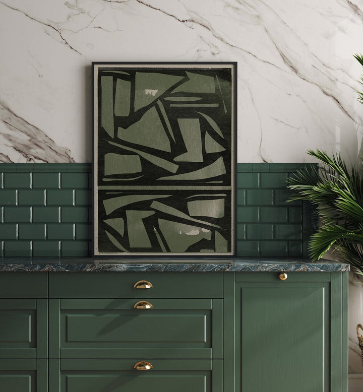 Stylish GREEN AND BLACK PAPER CUT, ABSTRACT PAINTINGS enhancing a modern kitchen with elegant wall art design.