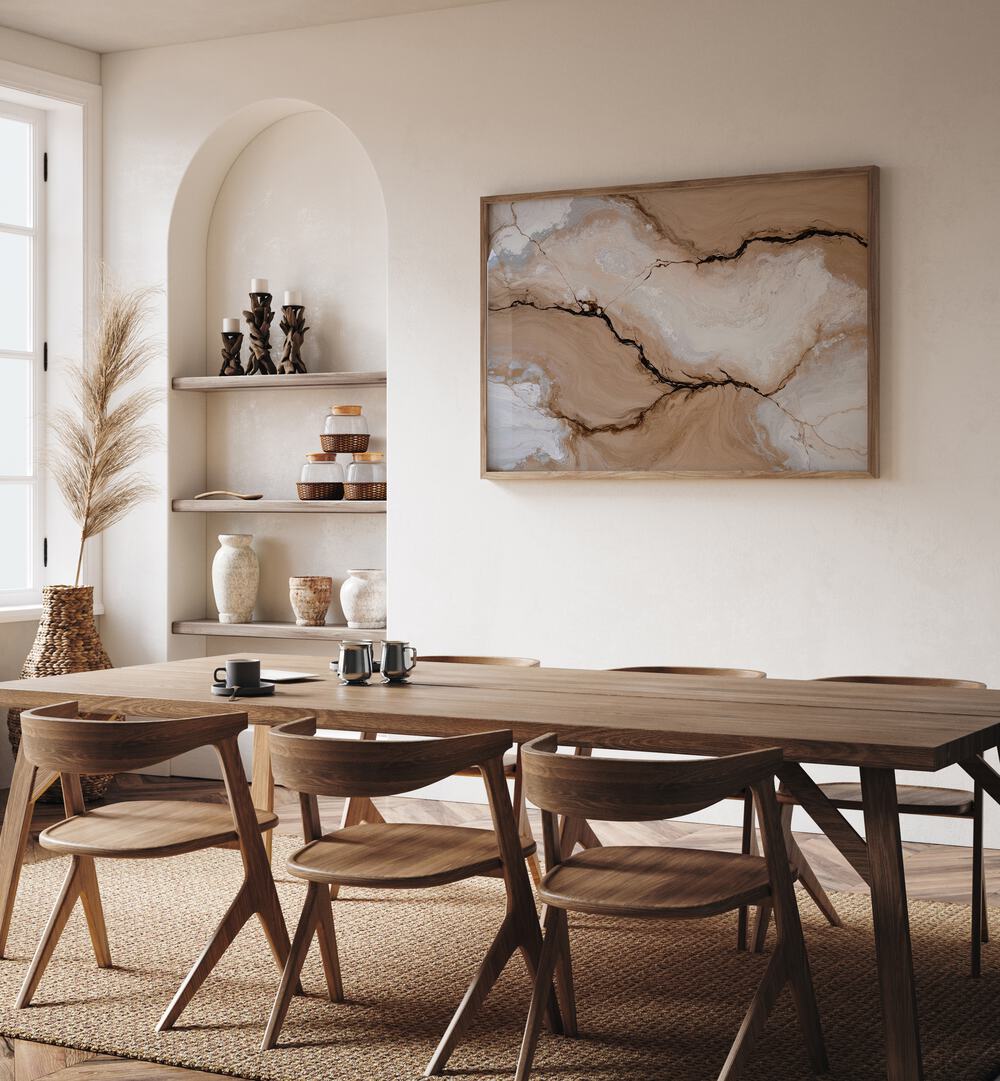 Elegant dining room showcasing STRIATED FRACTURES, ABSTRACT PAINTINGS, enhancing the space with natural beauty.