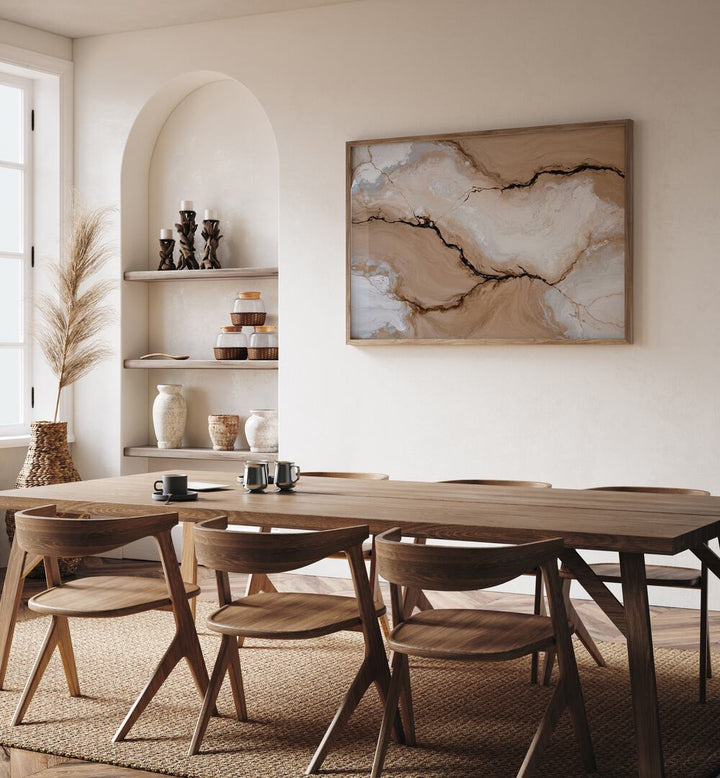Elegant dining room showcasing STRIATED FRACTURES, ABSTRACT PAINTINGS, enhancing the space with natural beauty.