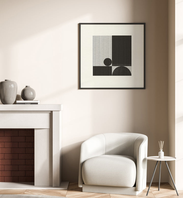 Stylish living room featuring PAPER OBJECT IV, GEOMETRIC ART PRINTS, enhancing modern minimalism and creativity.