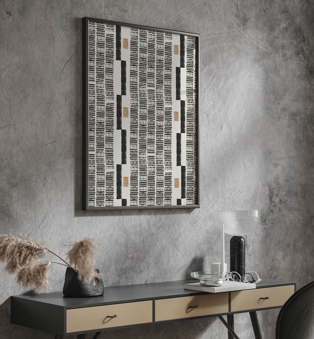 Stylish LINO CUT PATTERN NO.1, GEOMETRIC ART PRINTS framed on a modern wall, enhancing contemporary decor.