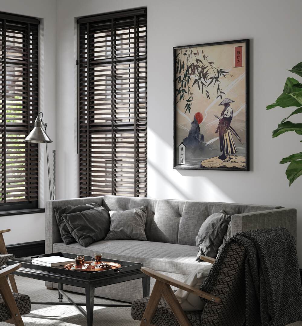 Stylish living room featuring KODOKU, JAPANESE PAINTINGS, enhancing the space's aesthetic and versatility.