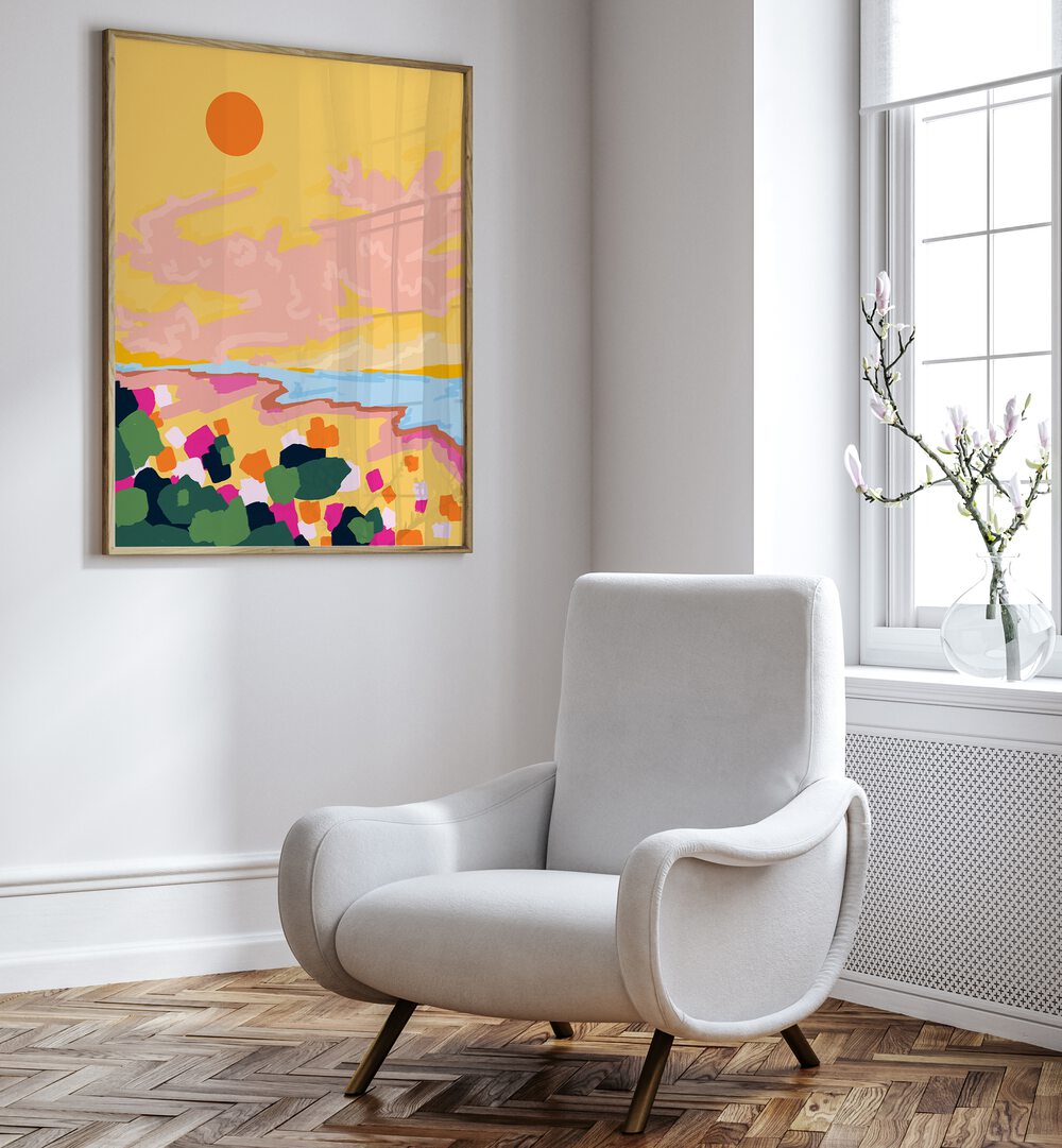 Colorful SUN EMBRACE, LANDSCAPE PAINTINGS brighten modern decor, showcasing vibrant hues and serene outdoor beauty.