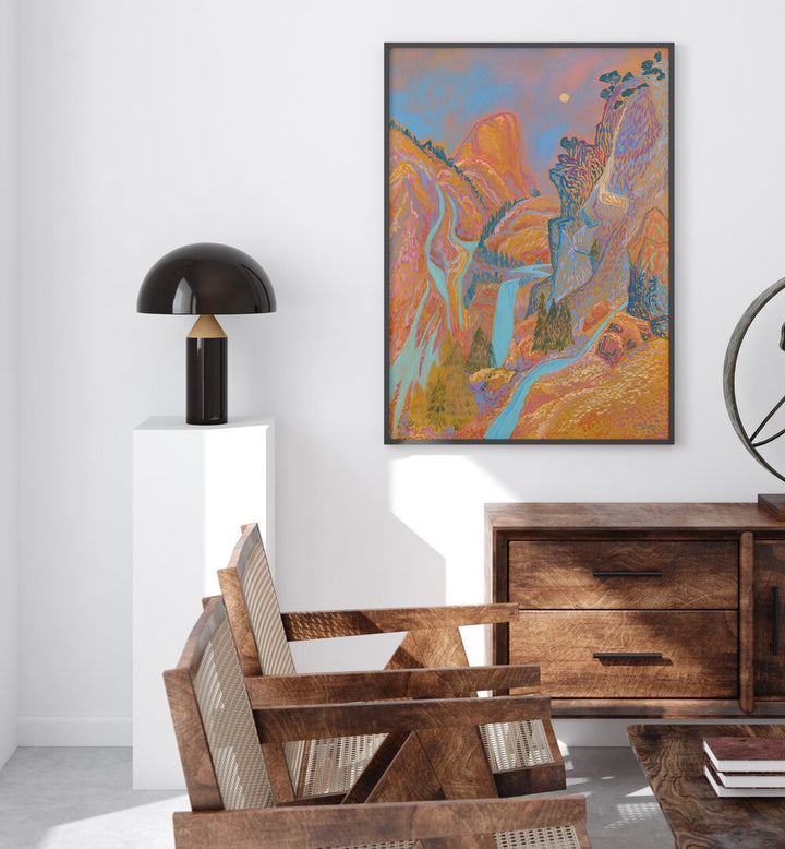 Vibrant PASTEL WATERFALL, LANDSCAPE PAINTINGS by Eleanor Baker, enhancing modern home decor with nature's beauty.