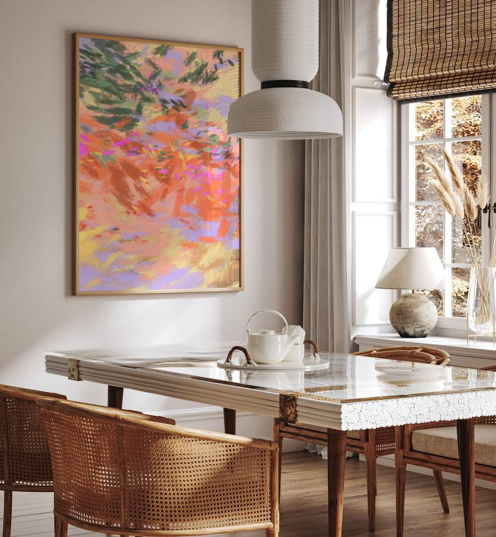 Colorful LAZY SUMMER DAYS VI, ABSTRACT PAINTINGS enhance a serene dining space, embodying relaxation and style.