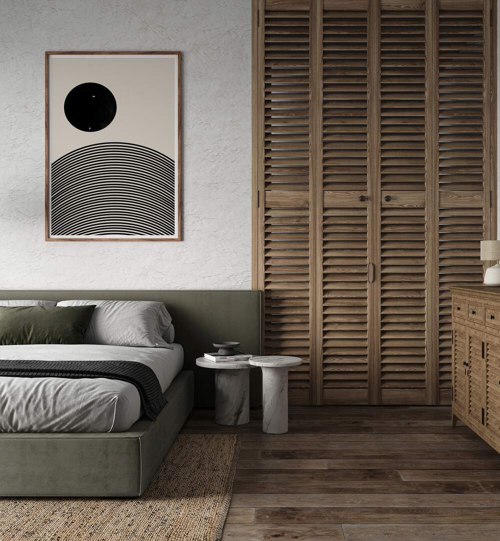 Stylish bedroom featuring BLACK SUN II, GEOMETRIC ART PRINTS from The Miuus Studio, enhancing modern décor.