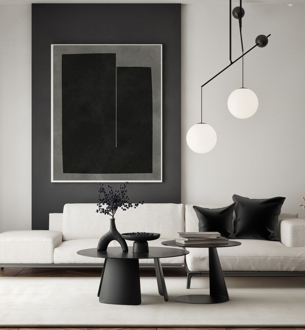 Stylish living room featuring MODERN SHAPES VI, GEOMETRIC ART PRINTS, enhancing contemporary aesthetics.