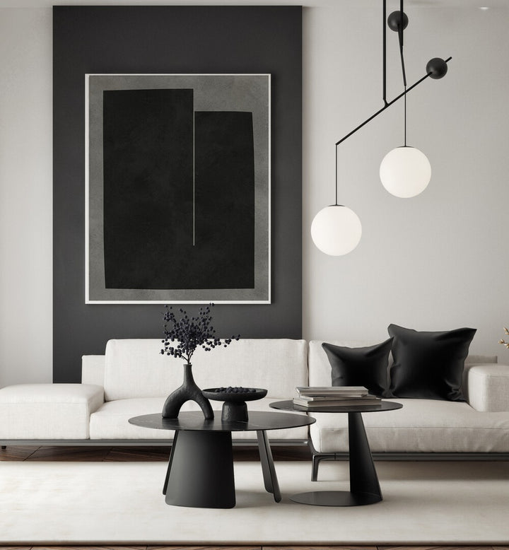 Stylish living room featuring MODERN SHAPES VI, GEOMETRIC ART PRINTS, enhancing contemporary aesthetics.