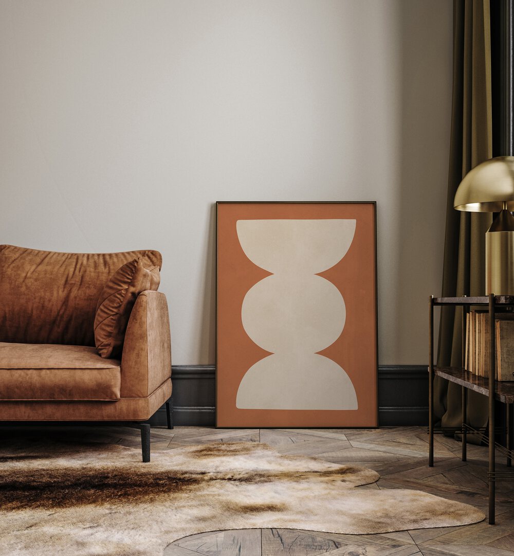 Stylish living room with TRIBAL SHAPES XV, GEOMETRIC ART PRINTS framed art, enhancing modern decor aesthetics.