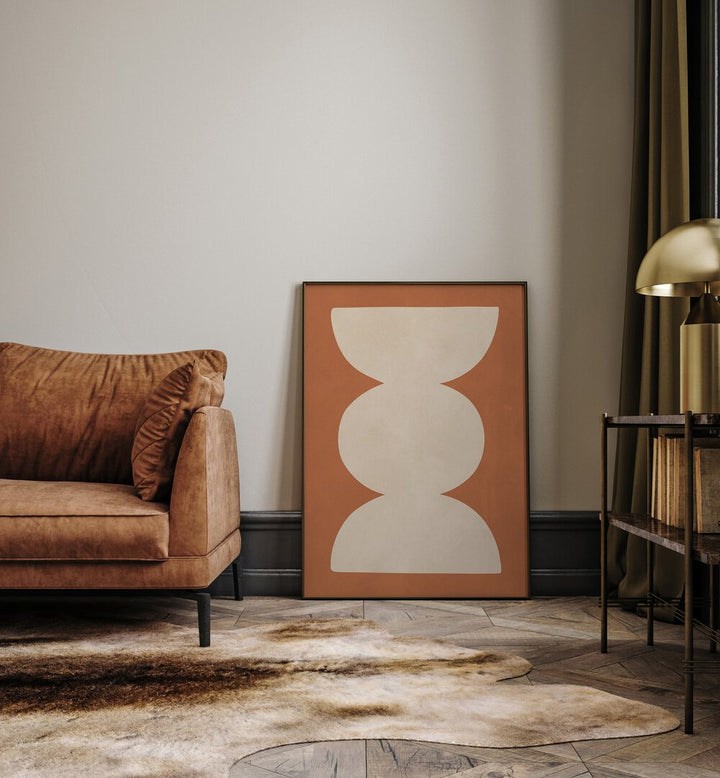Stylish living room with TRIBAL SHAPES XV, GEOMETRIC ART PRINTS framed art, enhancing modern decor aesthetics.