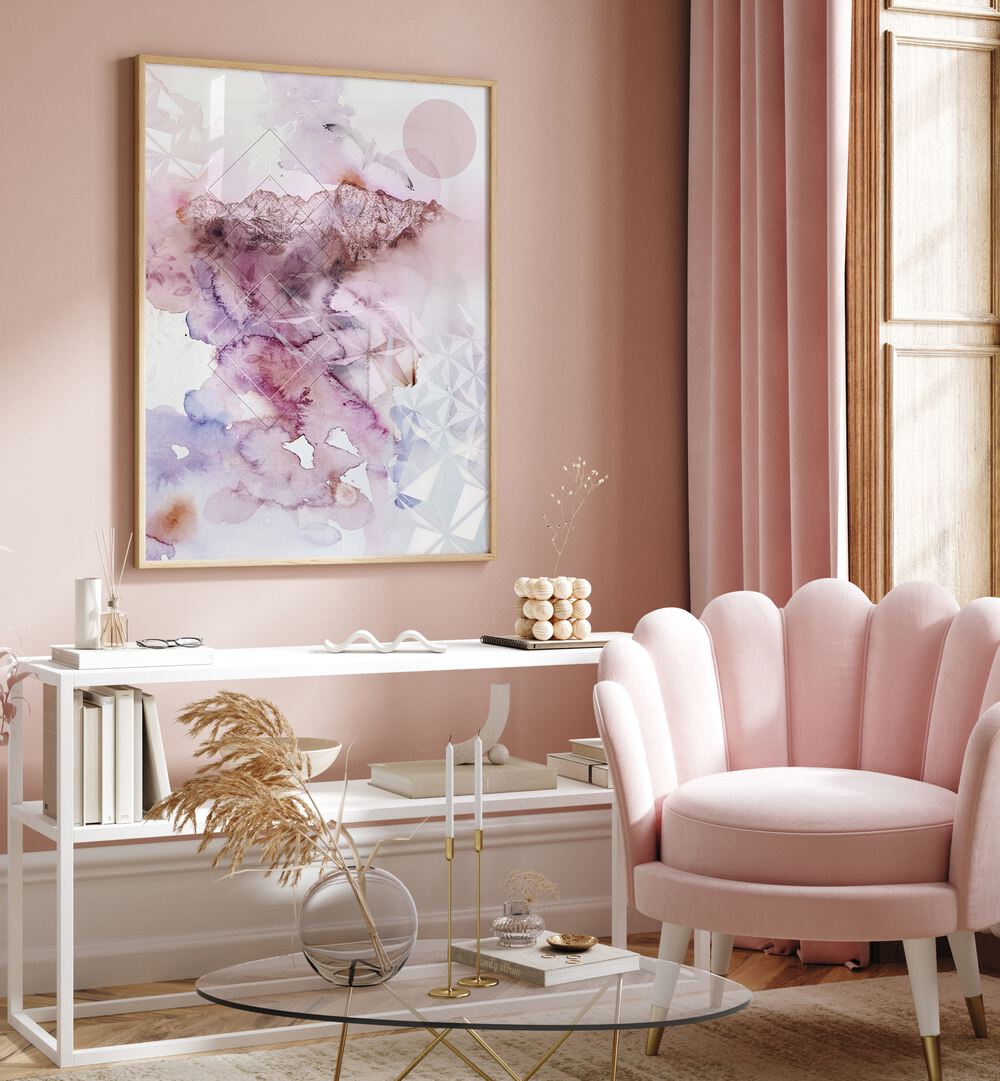 Elegant living room featuring DUSK II, ABSTRACT PAINTINGS, enhancing the decor with soft hues and modern design.