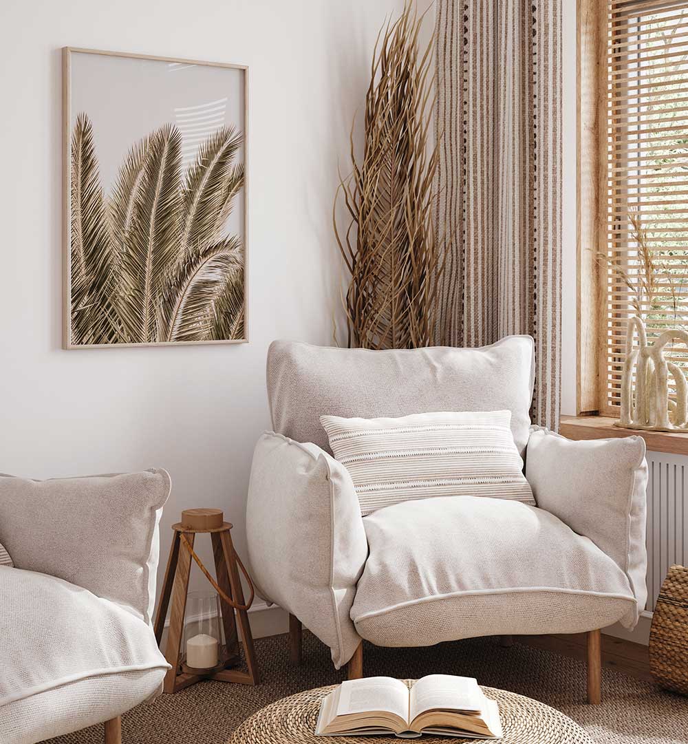 Coastal framed windswept palm art in neutral living room, WINDSWEPT PALMS , BEACH PAINTINGS