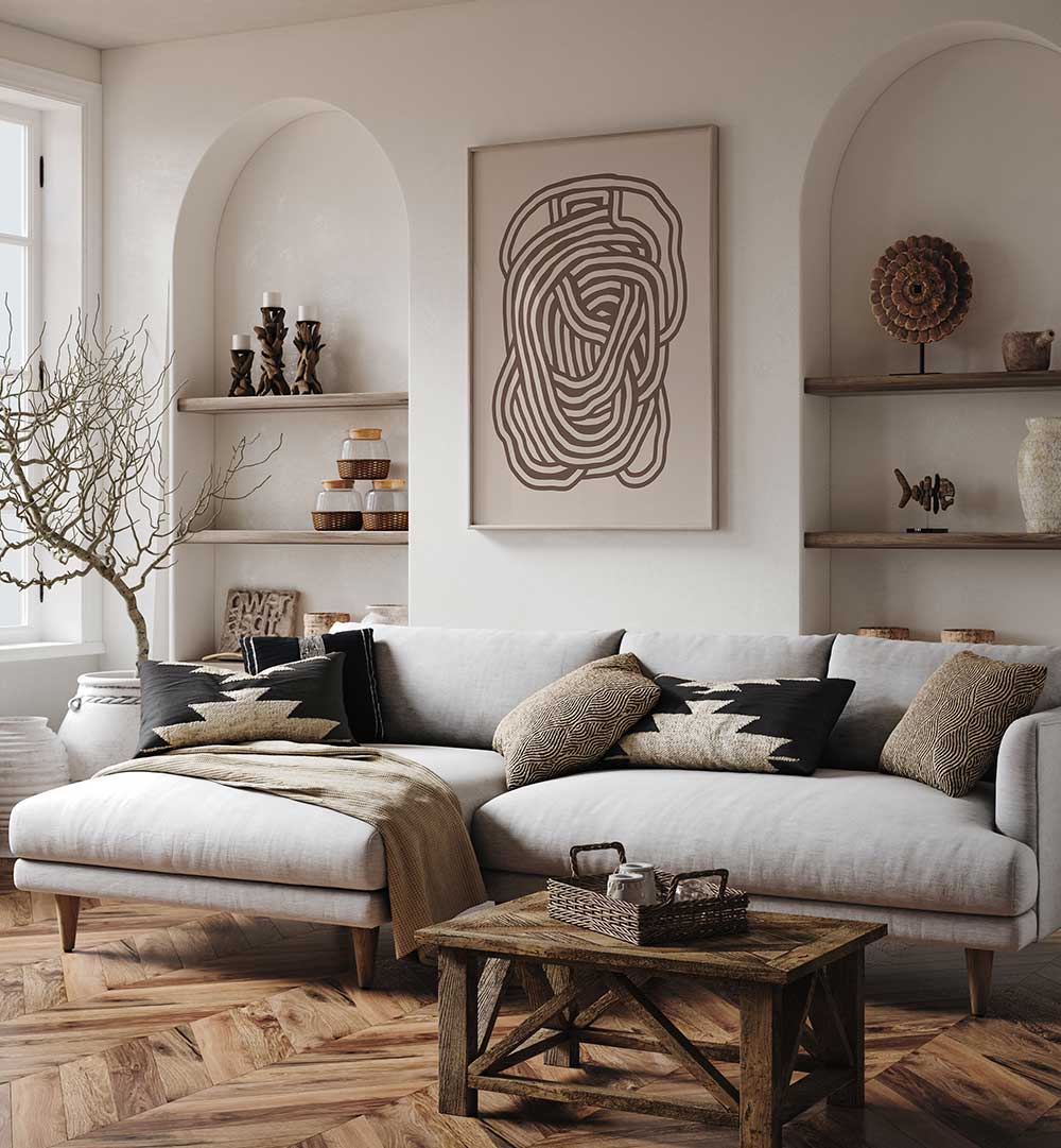 LINE ART ORGANIC SHAPE IN BEIGE , LINE ART PAINTINGS