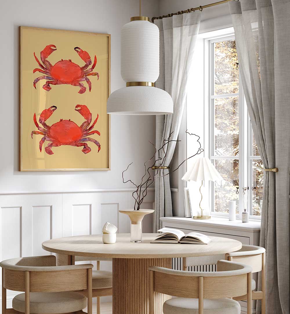 Vibrant CRAB POSTER II, BEACH PAINTINGS enhances any coastal-themed space with its lively design.