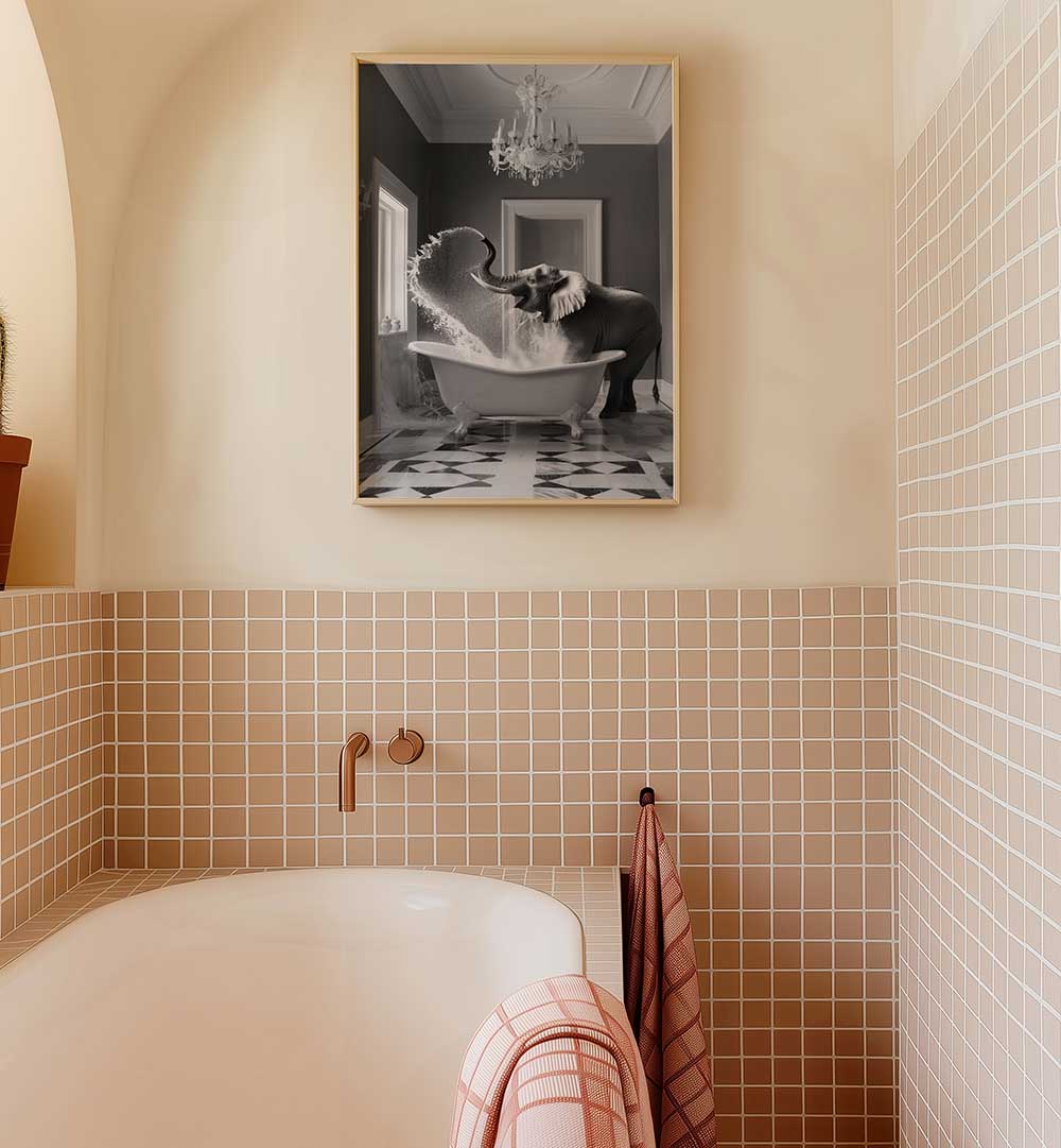 JOYFUL ELEPHANT BATH TIME , BATHROOM ART PRINTS