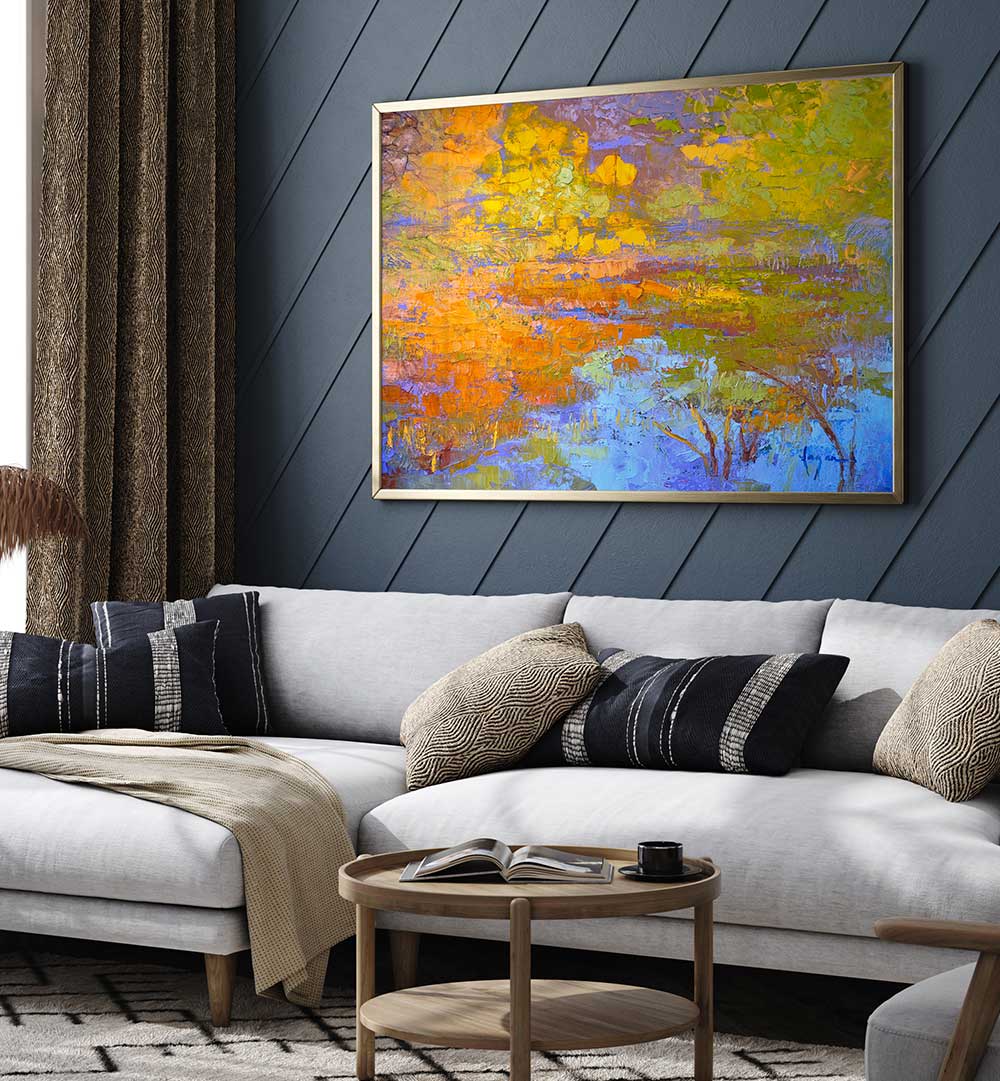 Framed autumn landscape with golden foliage and textured brushwork — AUTUMN'S PALETTE , LANDSCAPE PAINTINGS on living room wall
