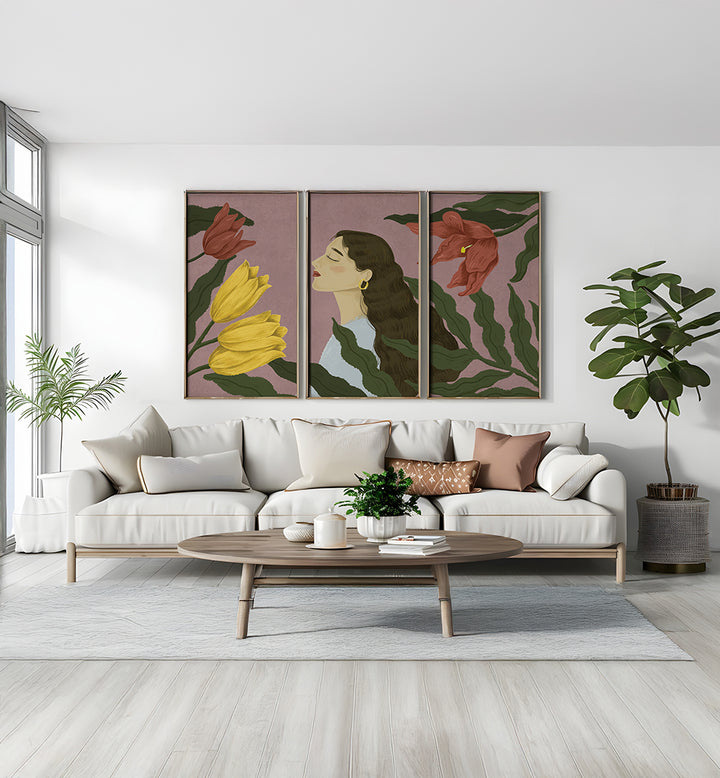 WOMAN SURRONDED BY NATURE , SET OF 3 PAINTINGS