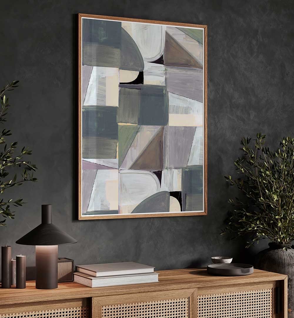 Modern abstract painting "ABSTRACT DESATURATE II," featuring geometric shapes and muted colors, perfect for creative spaces.