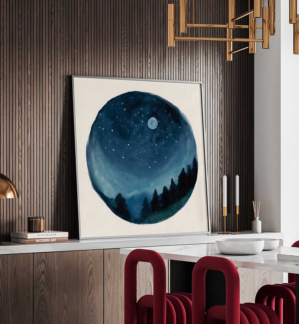 AROUND THE WORLD , KIDS ROOM PAINTINGS featuring a night sky scene with stars and moon in a modern room setting