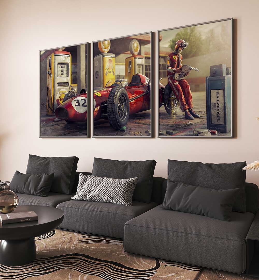 CLASSIC PIT STOP , SET OF 3 PAINTINGS