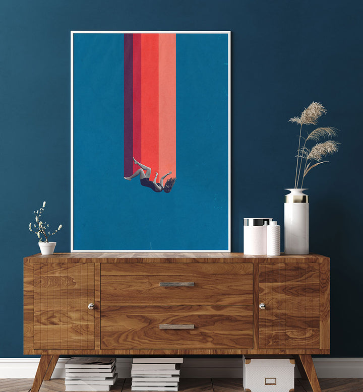 Surreal art print "FALLING LOVE," showcasing vibrant colors and a unique perspective, perfect for modern decor.