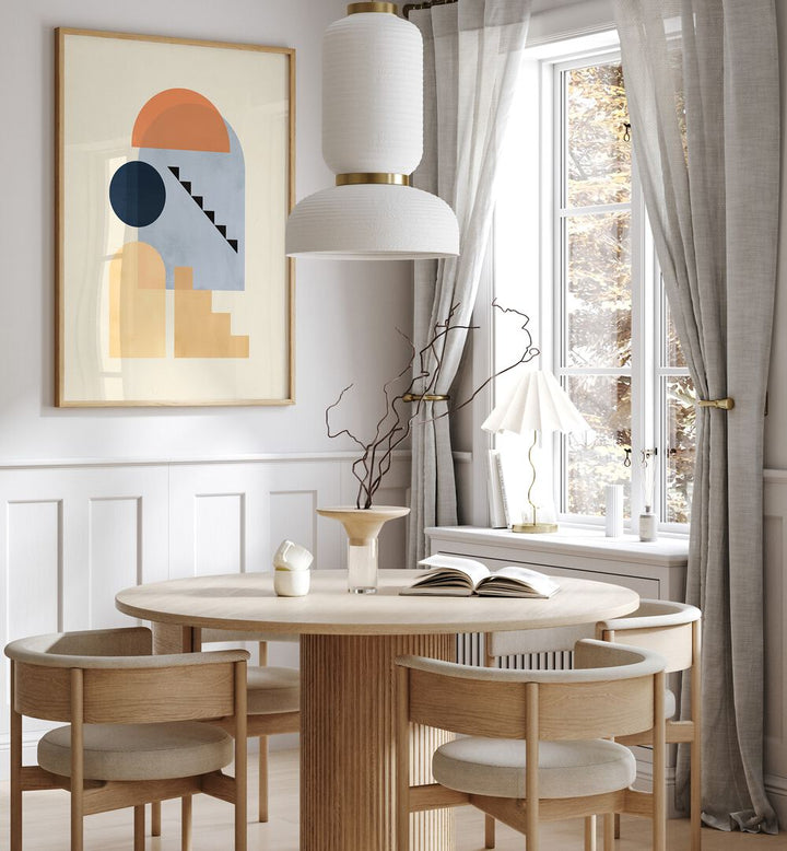 Stylish dining area featuring COMPOSITION V, BOHO ART PAINTINGS, enhancing the modern aesthetic with geometric design.