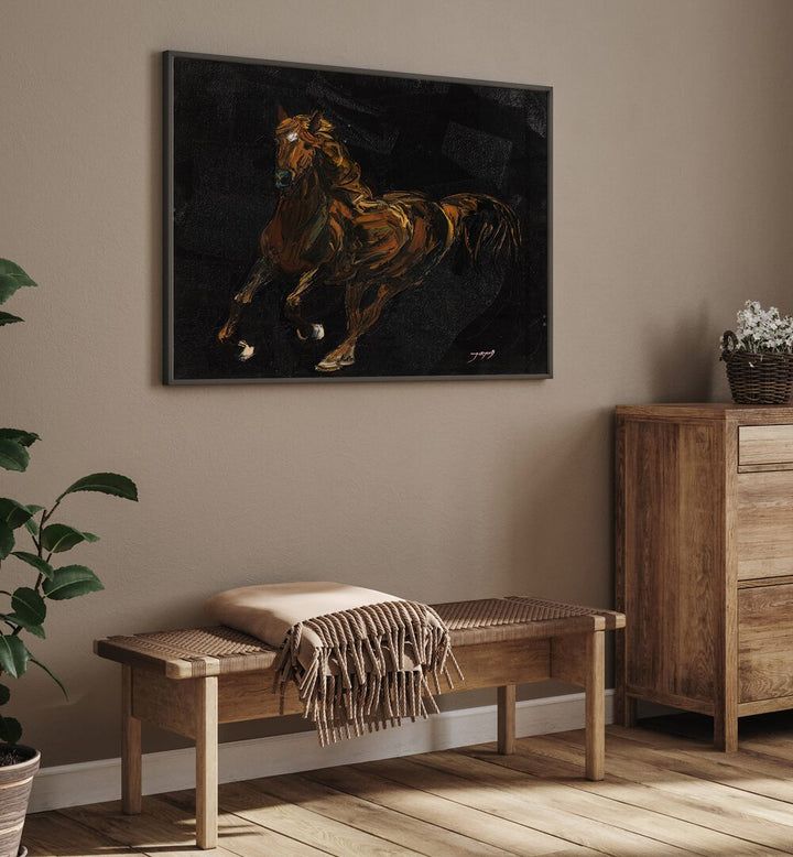 A dynamic portrayal of a brown horse in vibrant strokes, perfect for animal paintings enthusiasts.