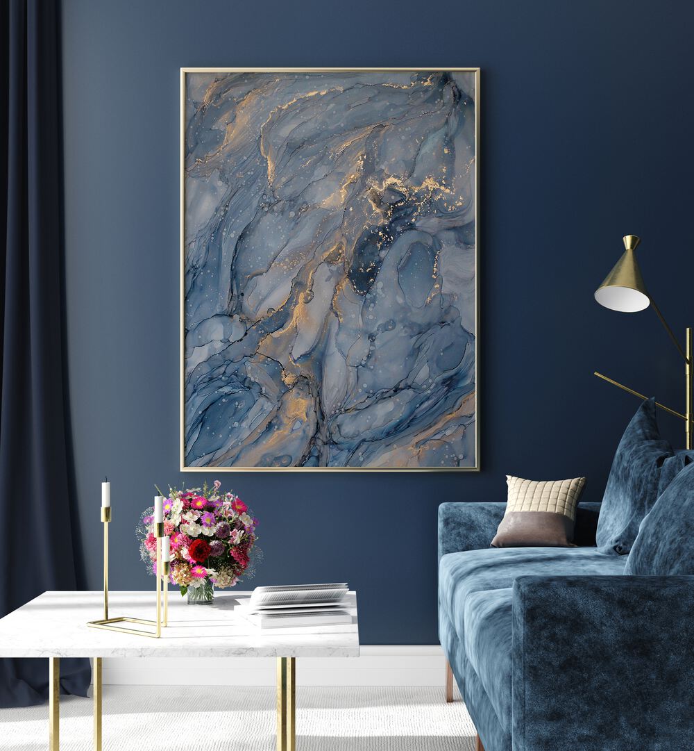 Elegant living space featuring DELICATE BLUE, ABSTRACT PAINTINGS with soft hues and gold accents for a serene ambiance.