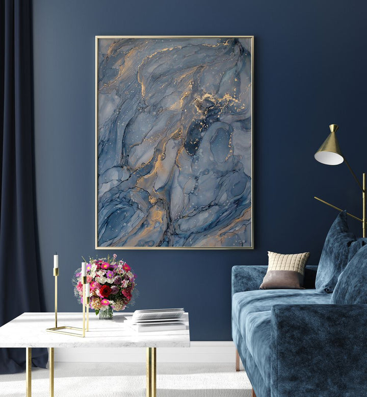 Elegant living space featuring DELICATE BLUE, ABSTRACT PAINTINGS with soft hues and gold accents for a serene ambiance.