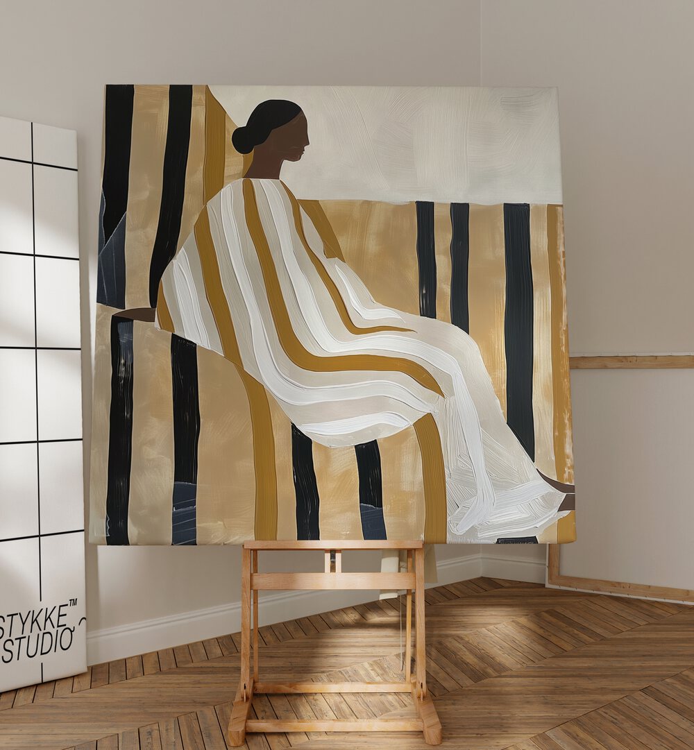 Artistic portrait of a woman in stripes, showcasing elegance with the theme "LADY IN STRIPES, PORTRAITS."