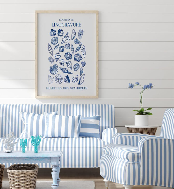 LINO SEASHELL ART MARKET, BEACH PAINTINGS showcased in a stylish living room with coastal decor and blue tones.