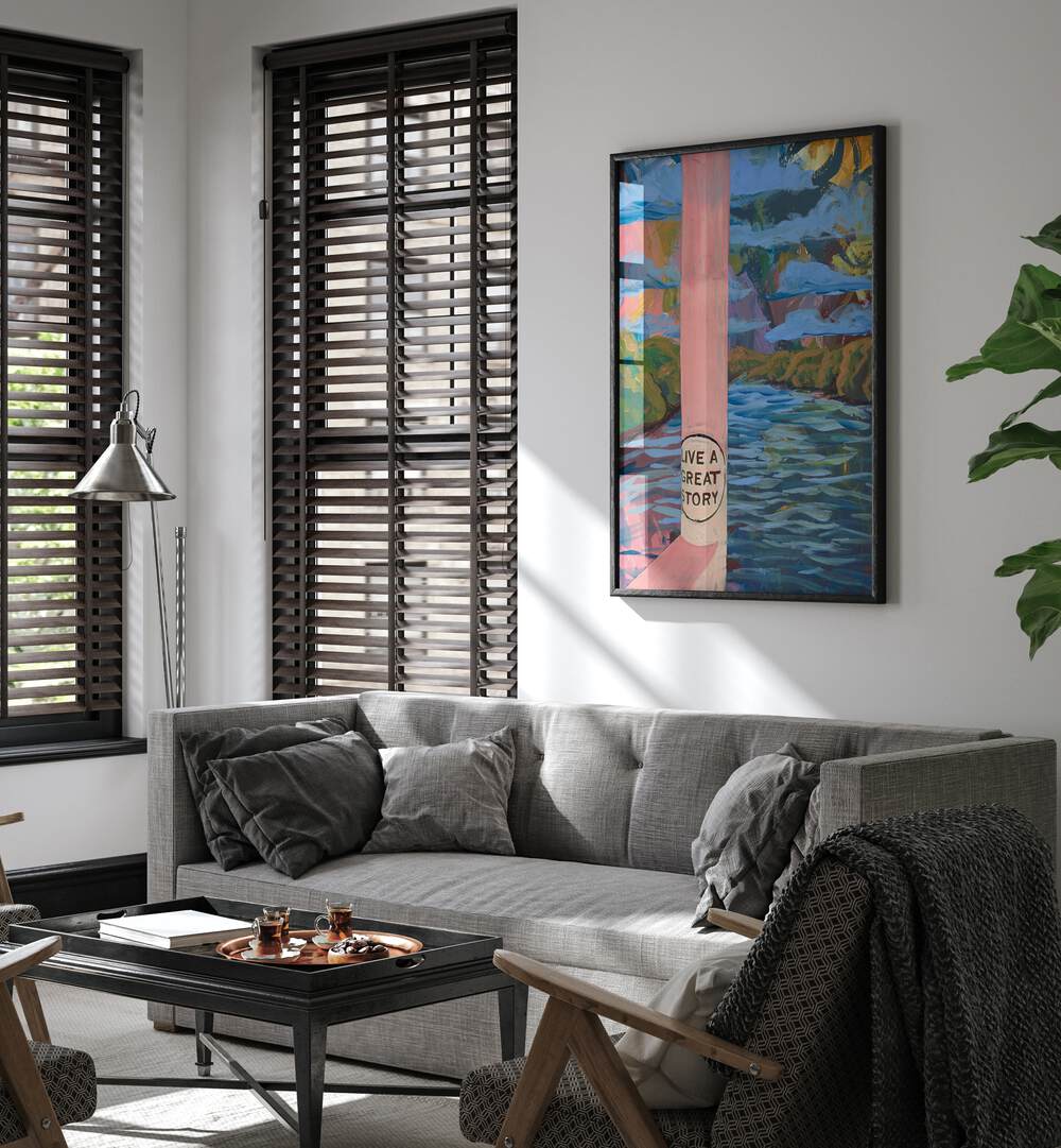 Vibrant AUSTIN LADY BIRD LAKE TRAIL TEXAS, LANDSCAPE PAINTINGS displayed in a stylish living room setting.