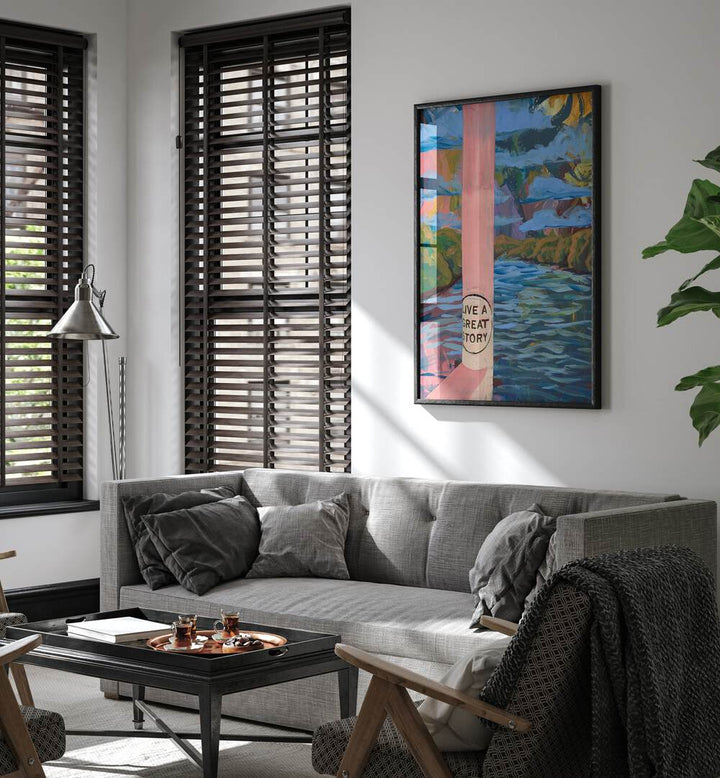 Vibrant AUSTIN LADY BIRD LAKE TRAIL TEXAS, LANDSCAPE PAINTINGS displayed in a stylish living room setting.