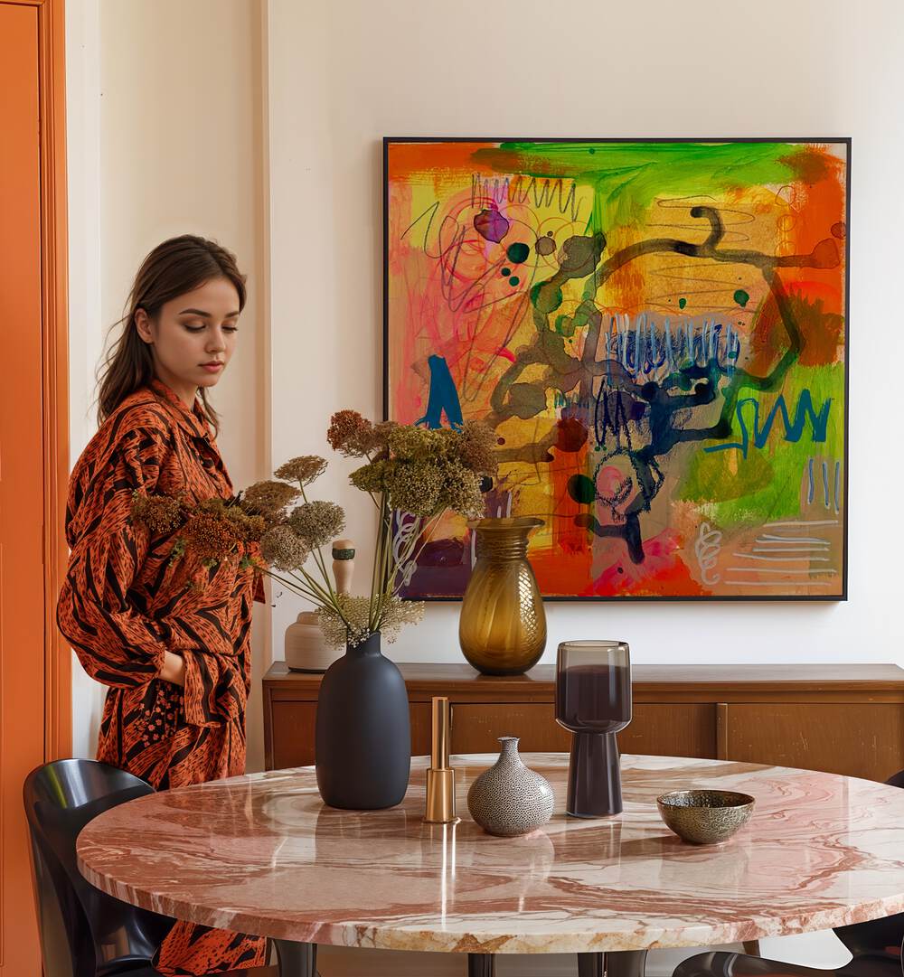 Bright and colorful DELIGHTFUL DIMENSIONS, ABSTRACT PAINTINGS enhance modern spaces with artistic sophistication.
