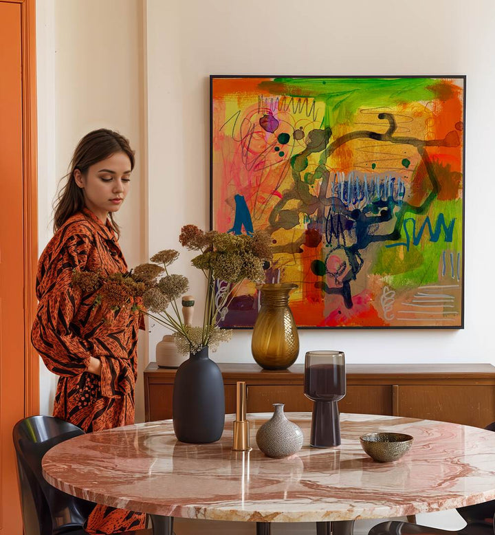 Bright and colorful DELIGHTFUL DIMENSIONS, ABSTRACT PAINTINGS enhance modern spaces with artistic sophistication.